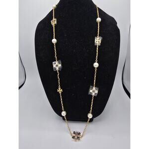 Tory Burch Statement Pearls & Smoky Quartz Crystals & Gold Logos Necklace - NWOT